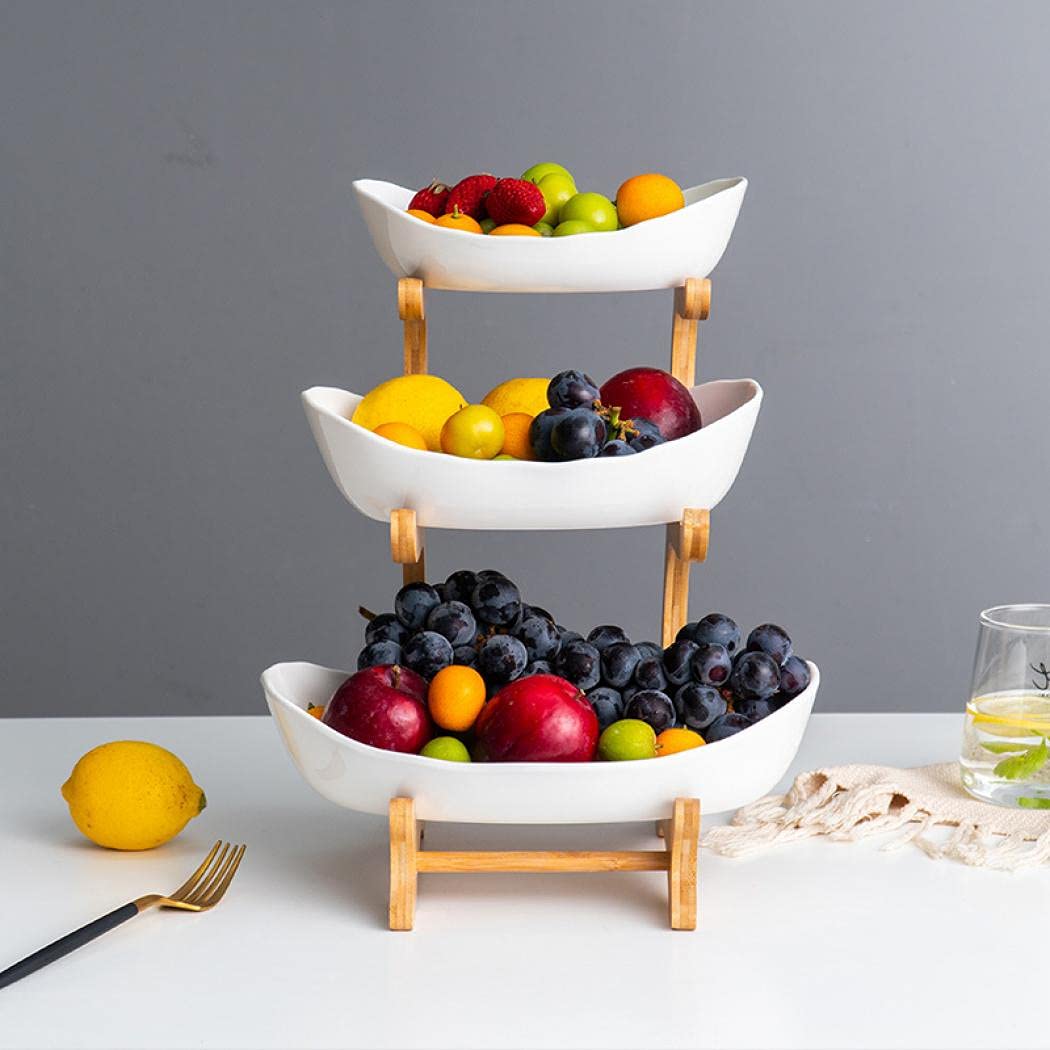 3-Tier Ceramic Fruit Basket with Bamboo Tray R177