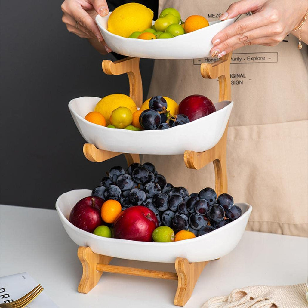 3-Tier Ceramic Fruit Basket with Bamboo Tray R177