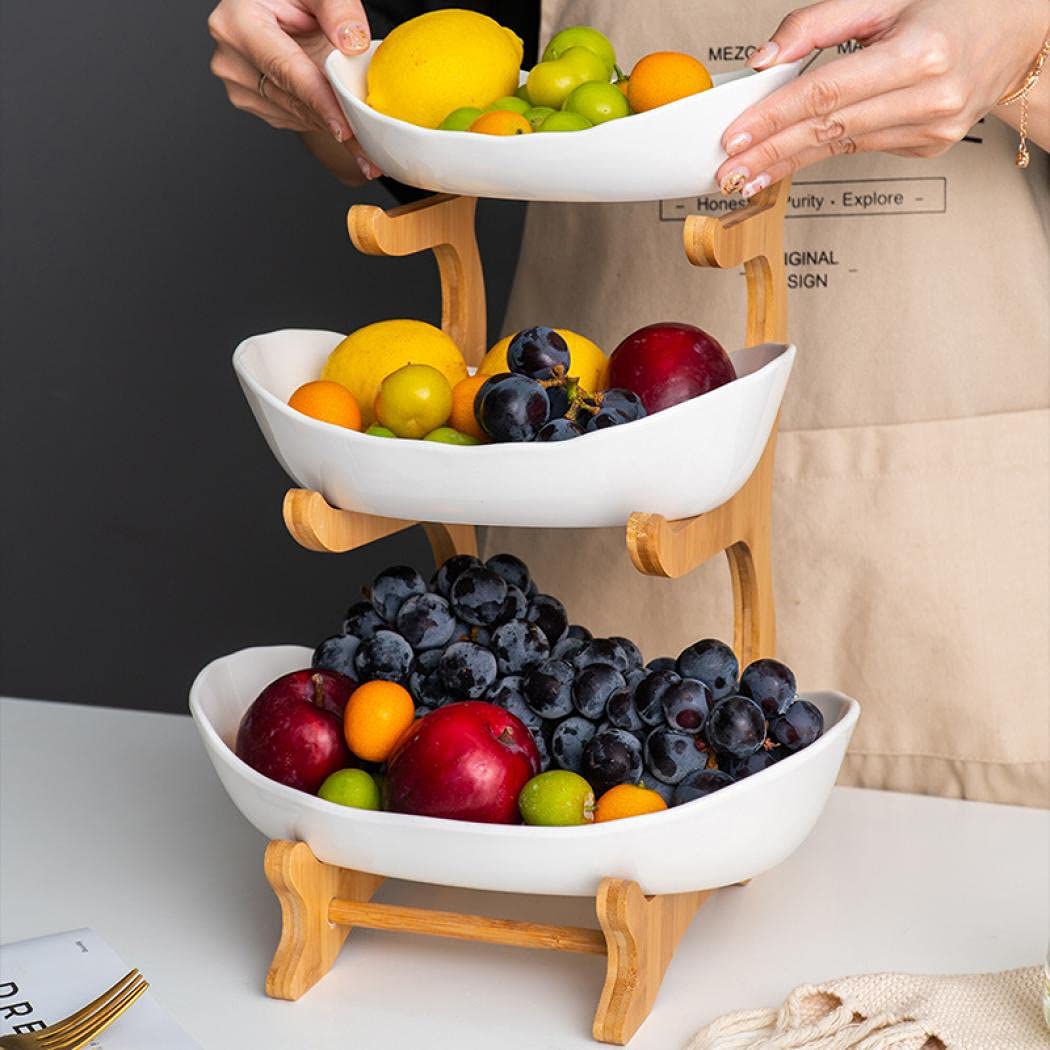 3-Tier Ceramic Fruit Basket with Bamboo Tray R177