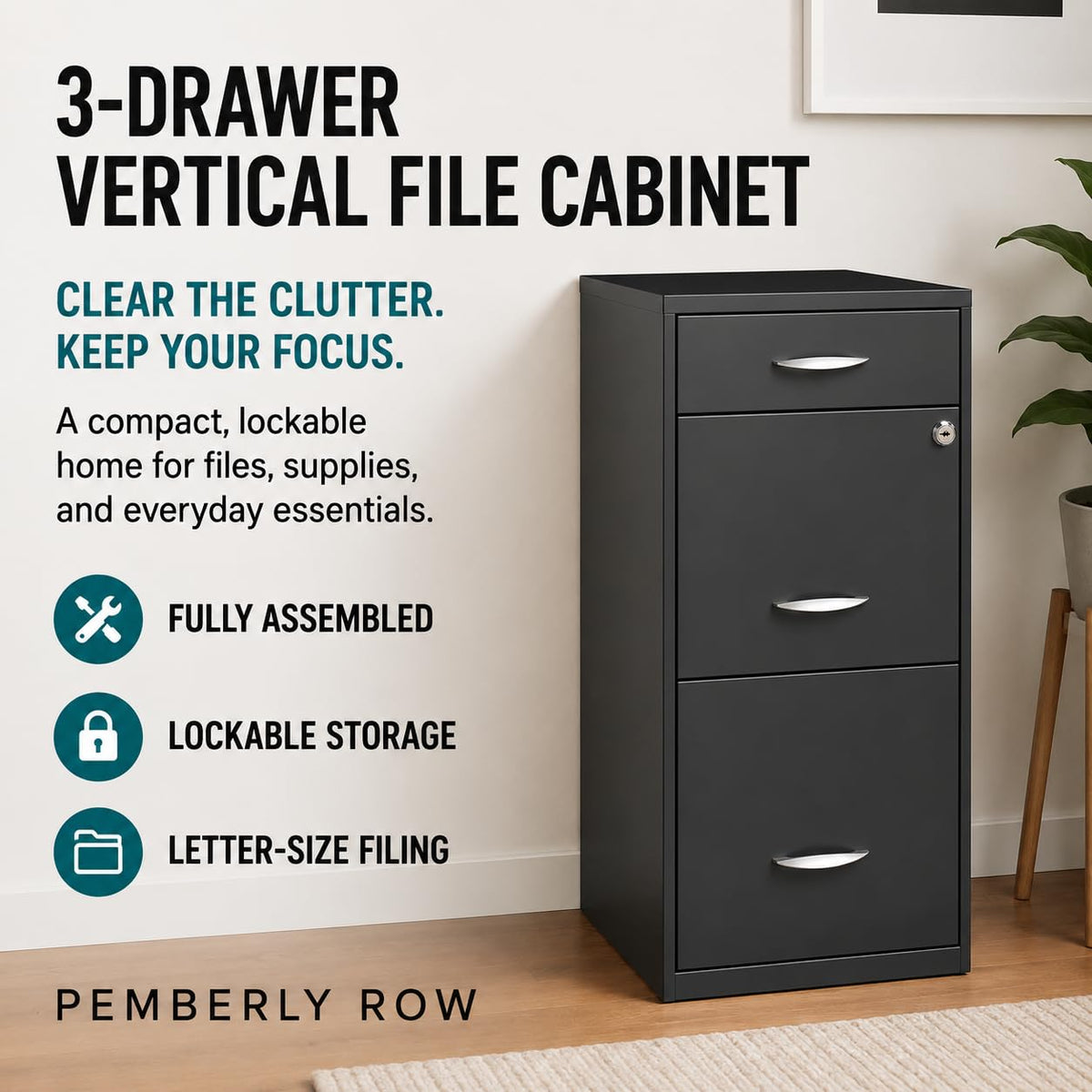 Charcoal Metal 3 Drawer Vertical Filing Cabinet V307595