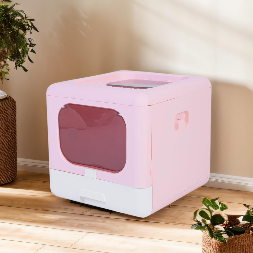 Foldable Top Entry Cat Litter Box with Lid and Scoop Large Size Pink C653320