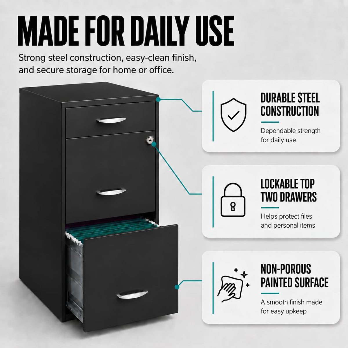 Charcoal Metal 3 Drawer Vertical Filing Cabinet V307595