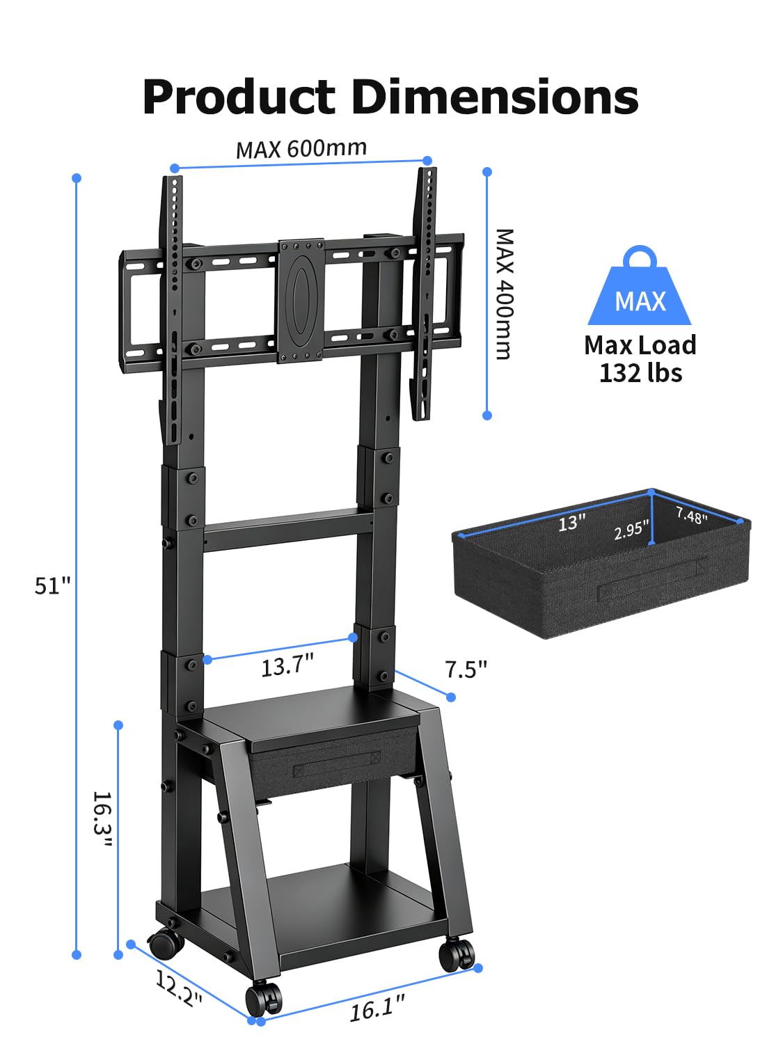 Mobile TV Cart with Storage Drawer for 32-75 inch TVs I7415