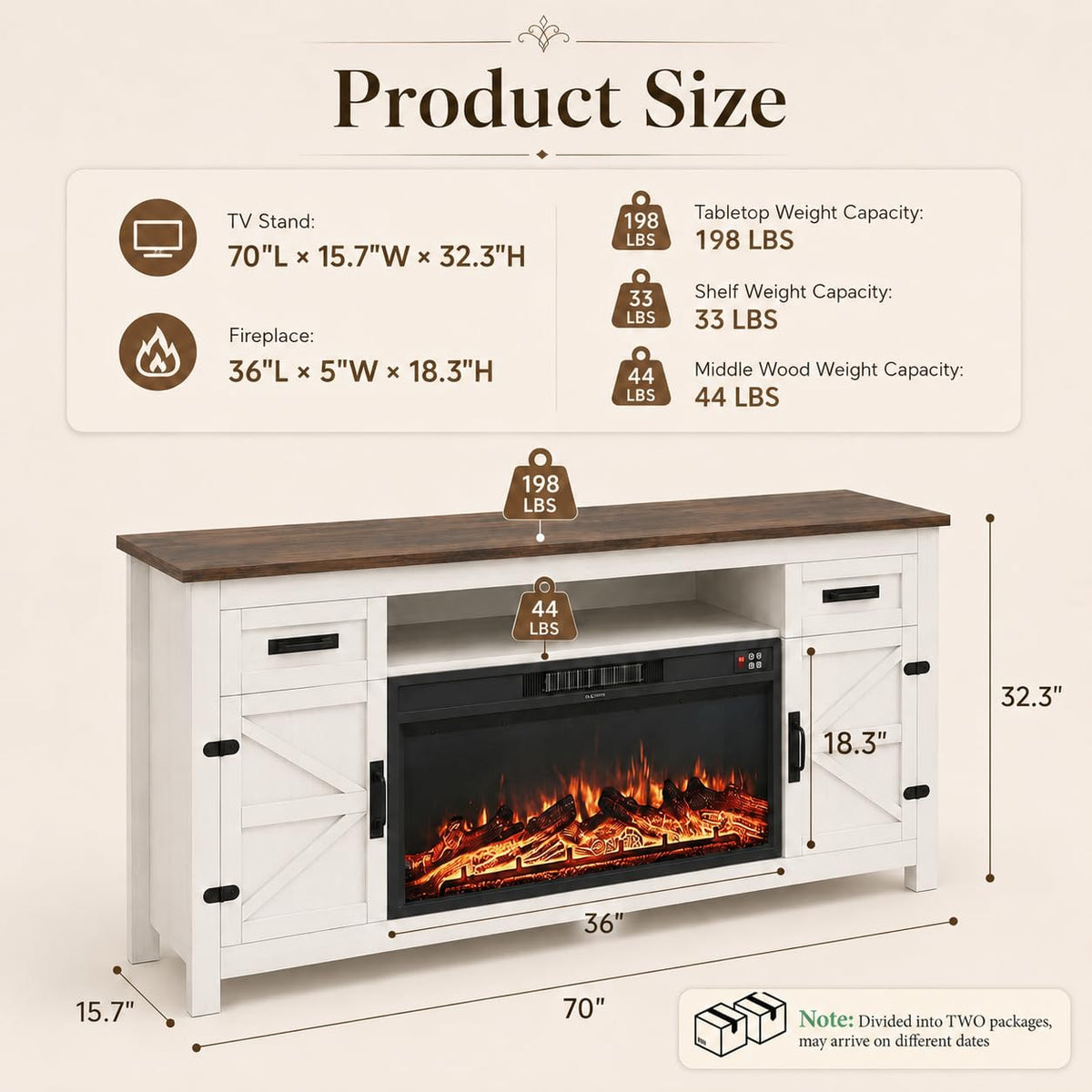 White 70 inch Fireplace TV Stand with Barn Door X3372
