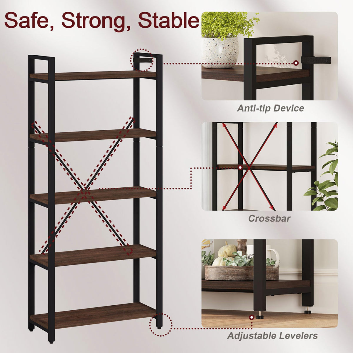5 Tier Wood and Metal Bookshelf R8008
