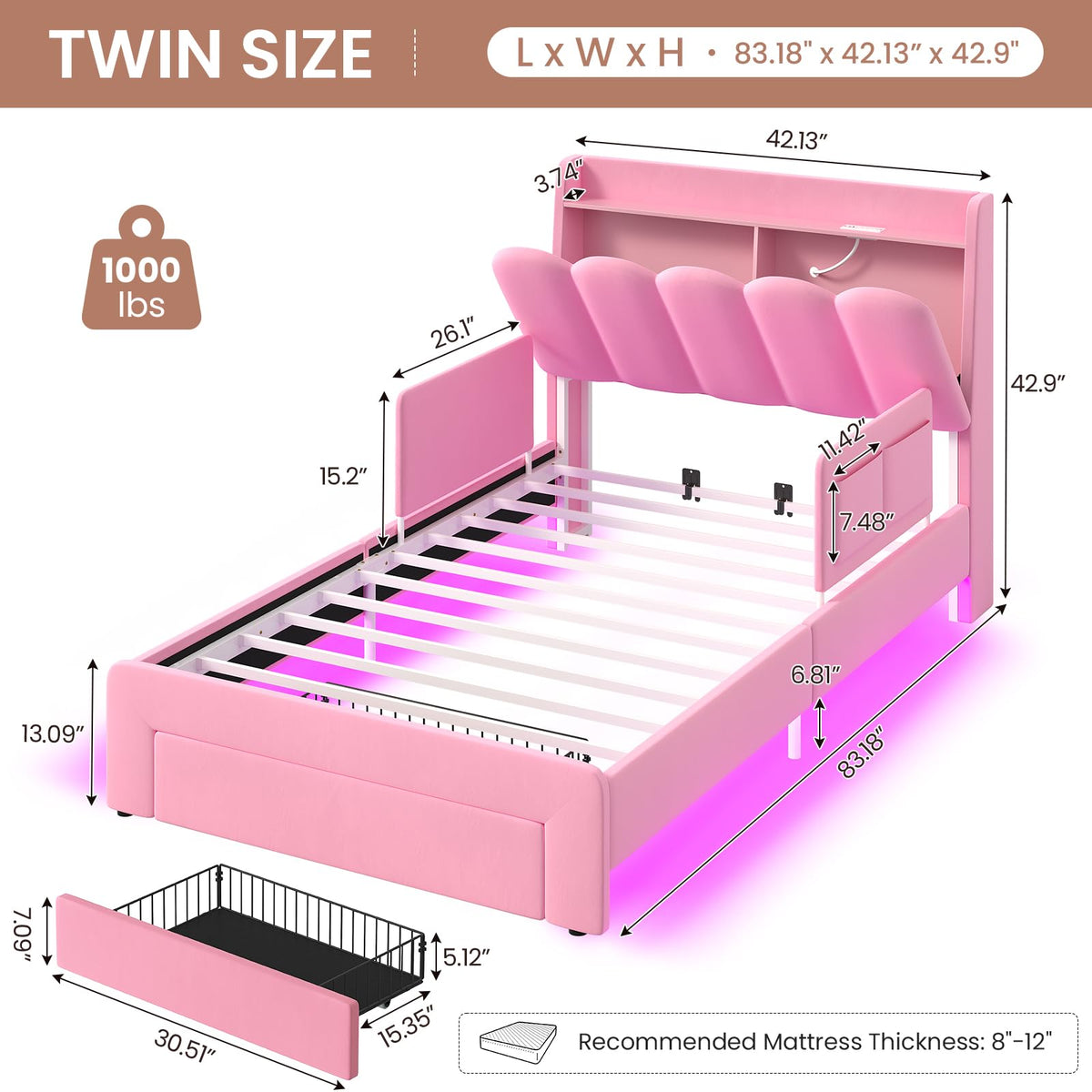 Pink Velvet Upholstered Twin Size Platform Bed with Storage Drawer R4153