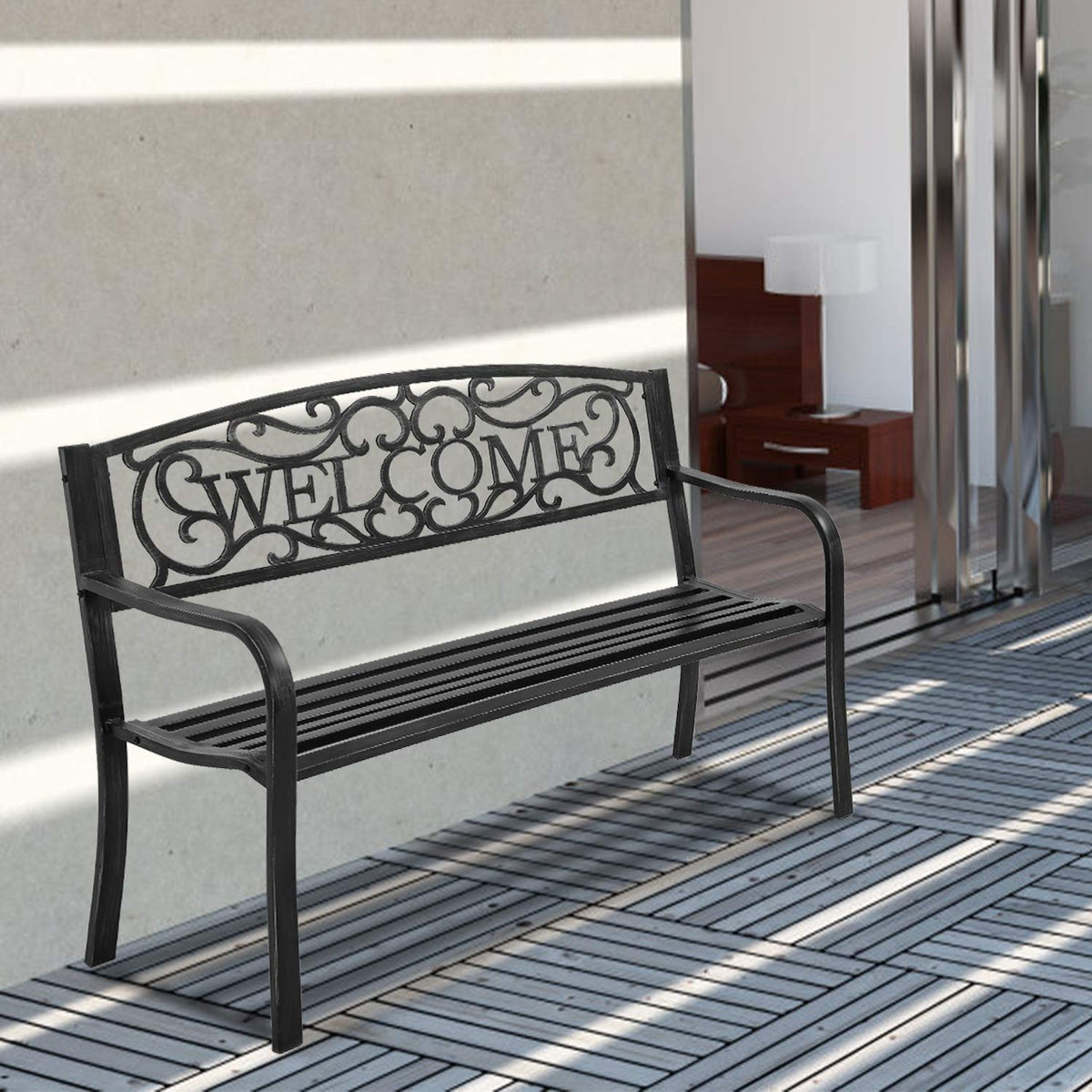Black Metal Garden Patio Bench with Armrests O9892