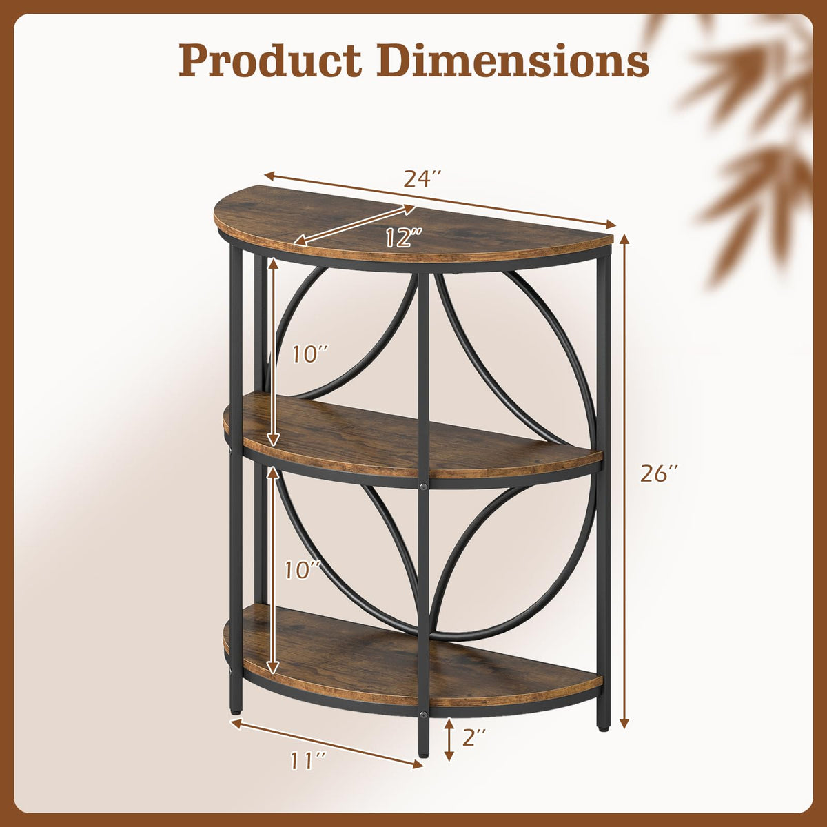 Half Round 3-Tier Sofa Side Table with Storage Shelves N3370