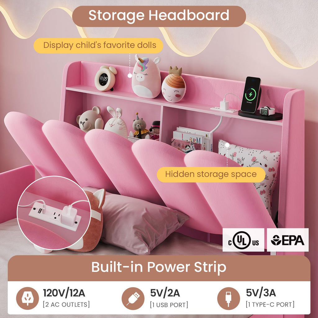 Pink Velvet Upholstered Twin Size Platform Bed with Storage Drawer R4153