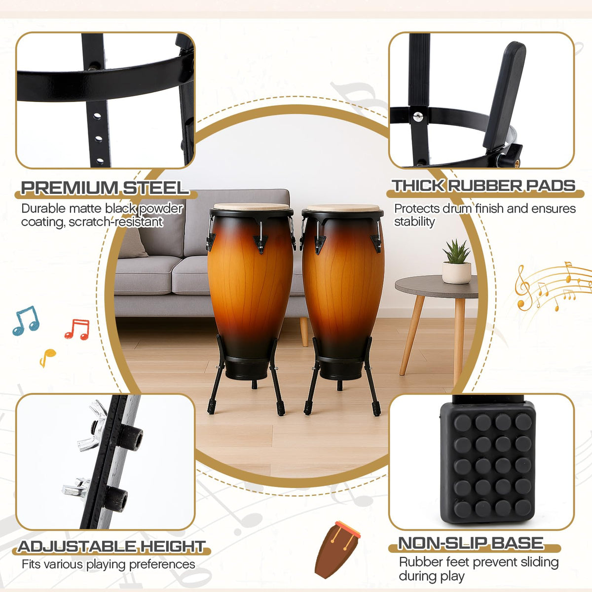 2 Pcs Black Adjustable Conga Drum Stand E594628