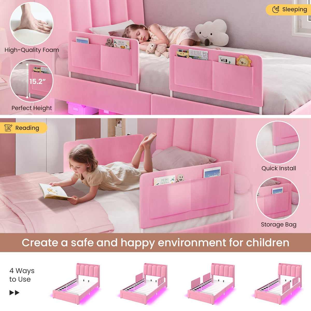 Pink Velvet Upholstered Twin Size Platform Bed with Storage Drawer R4153