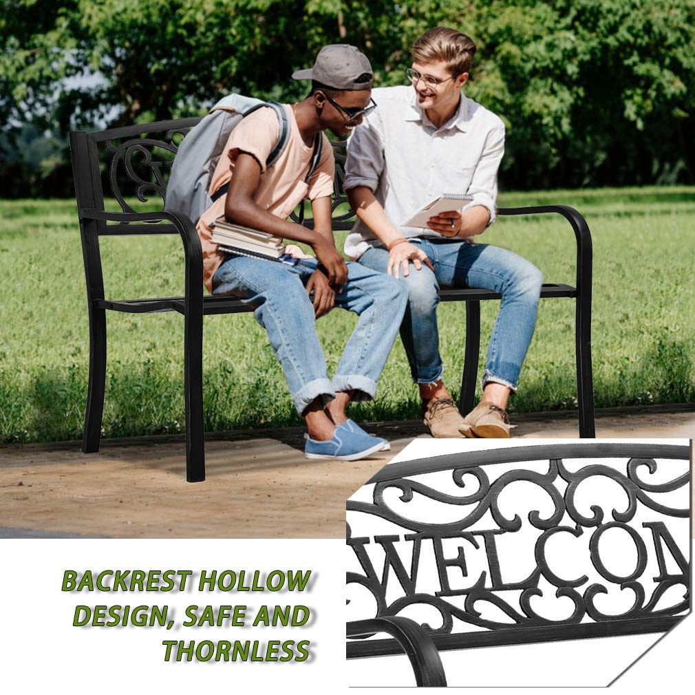 Black Metal Garden Patio Bench with Armrests O9892