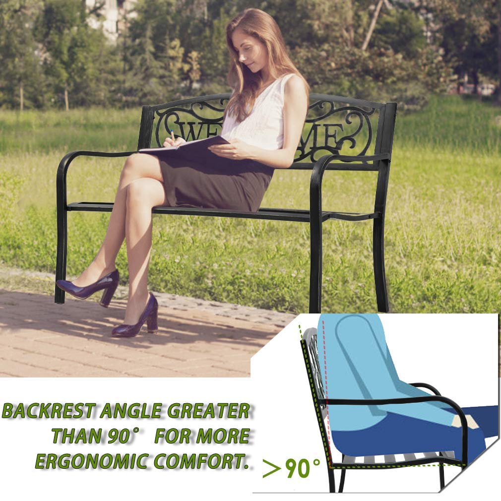 Black Metal Garden Patio Bench with Armrests O9892