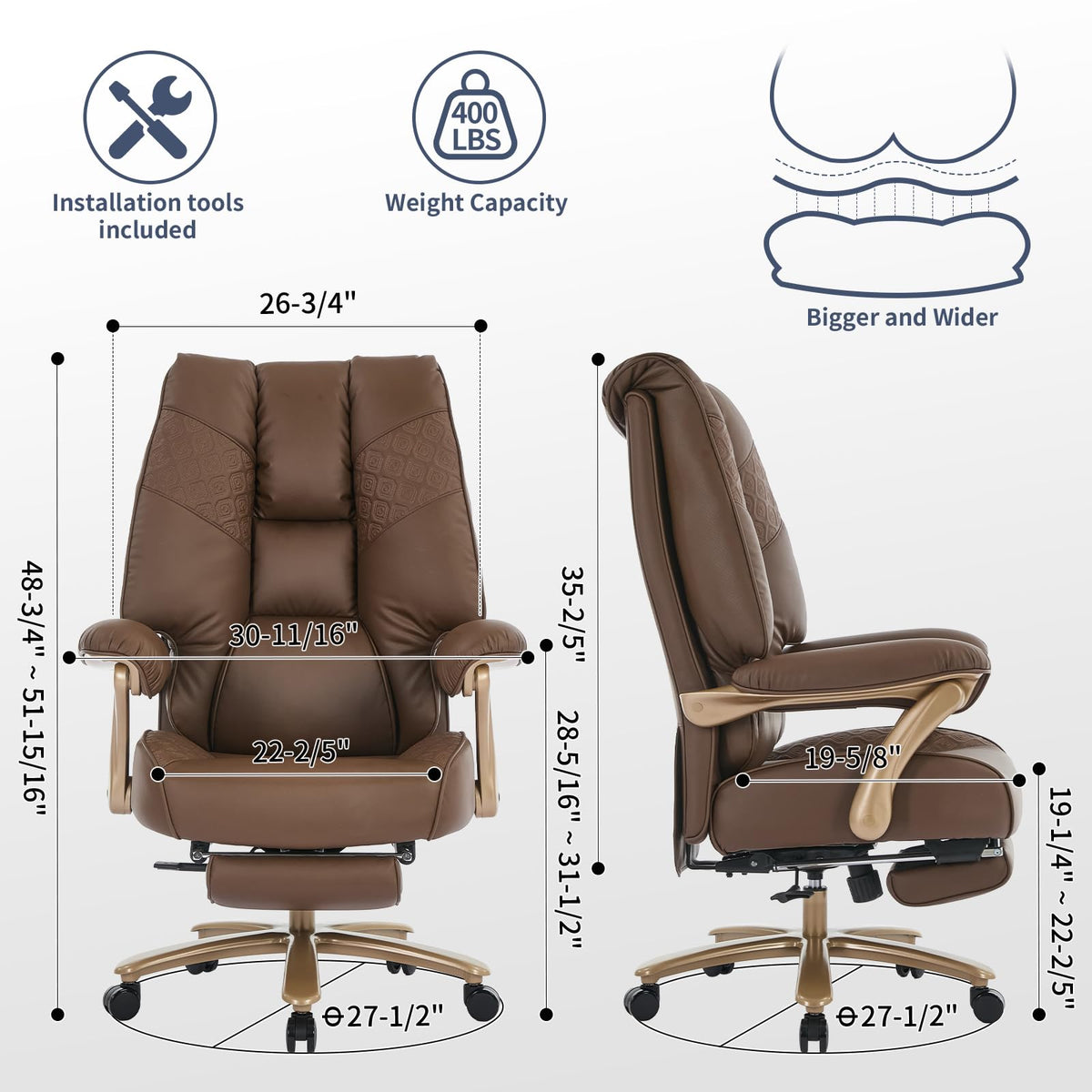 Big and Tall Ergonomic Office Chair with Footrest, 400LBS Capacity Brown PU Leather A900