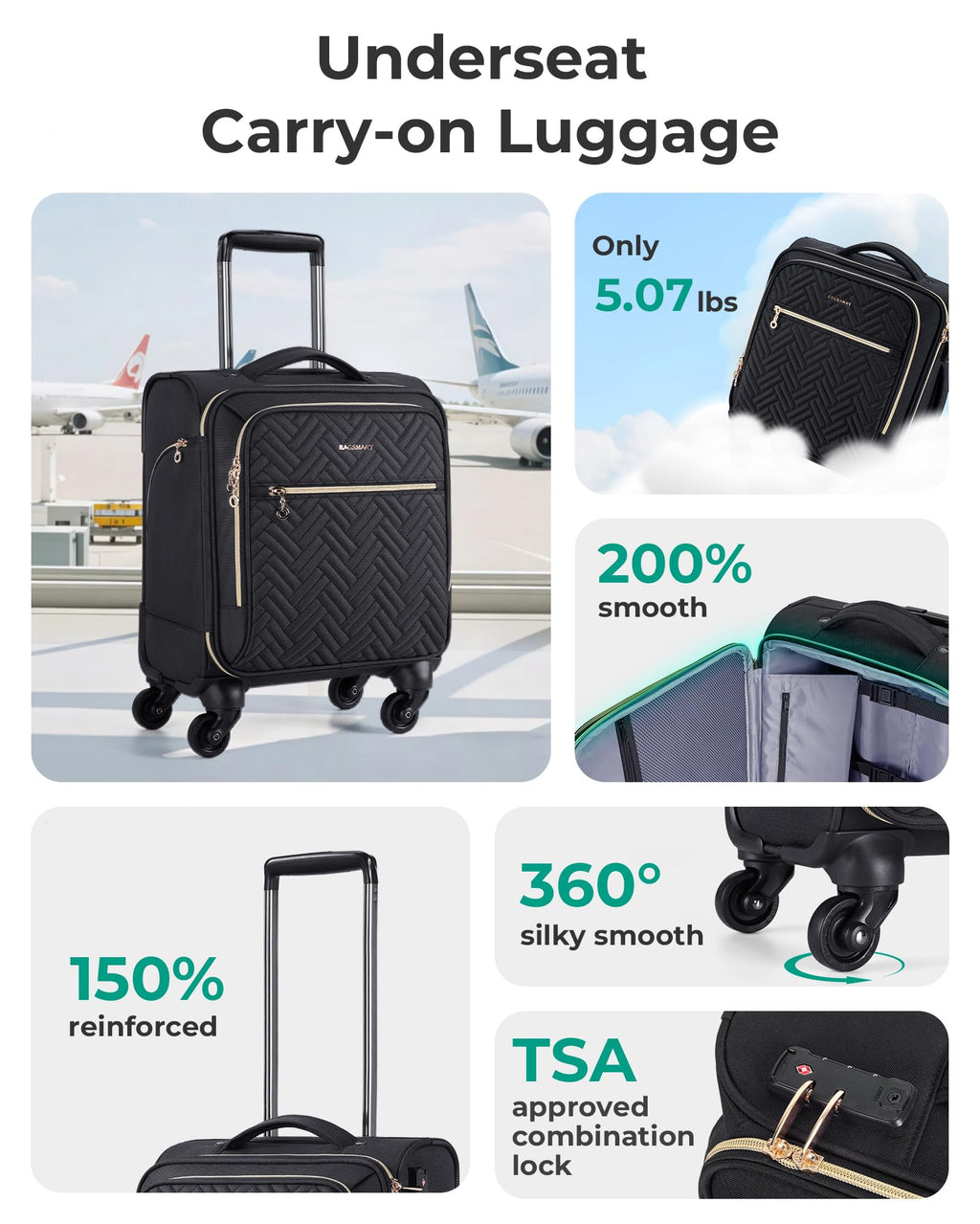 16-inch Softside Underseater Carry On Luggage with Spinner Wheels Black D691493