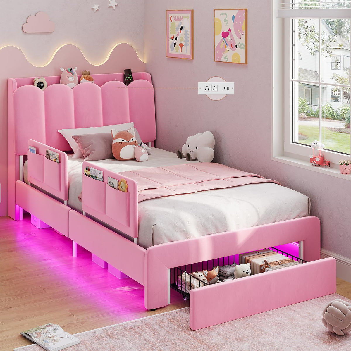 Pink Velvet Upholstered Twin Size Platform Bed with Storage Drawer R4153