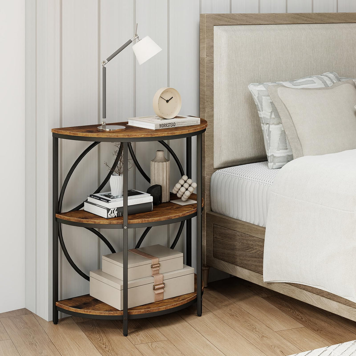 Half Round 3-Tier Sofa Side Table with Storage Shelves N3370