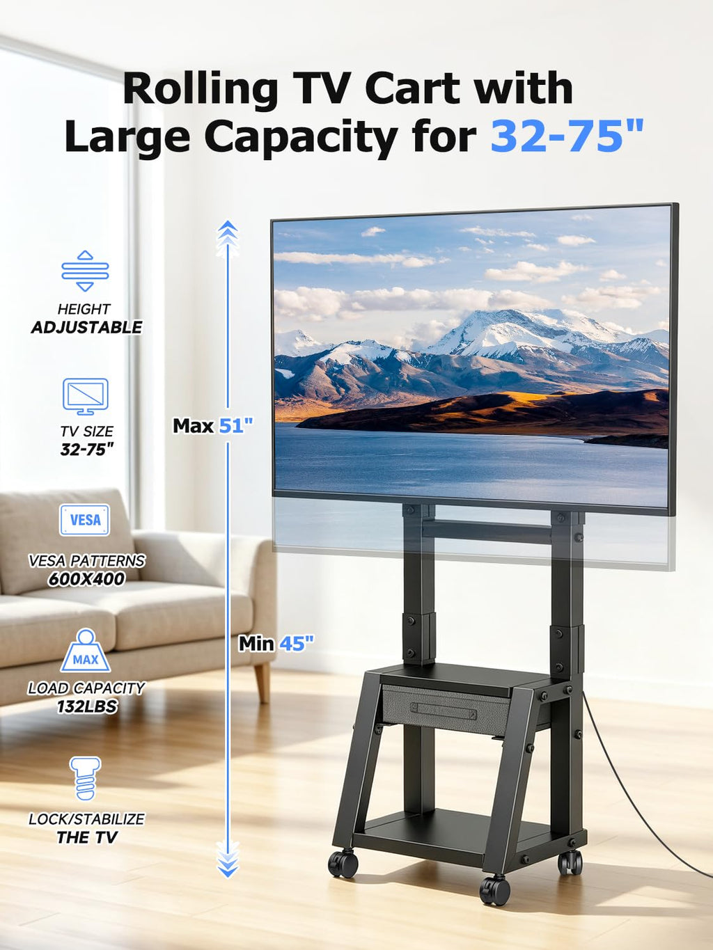 Mobile TV Cart with Storage Drawer for 32-75 inch TVs I7415