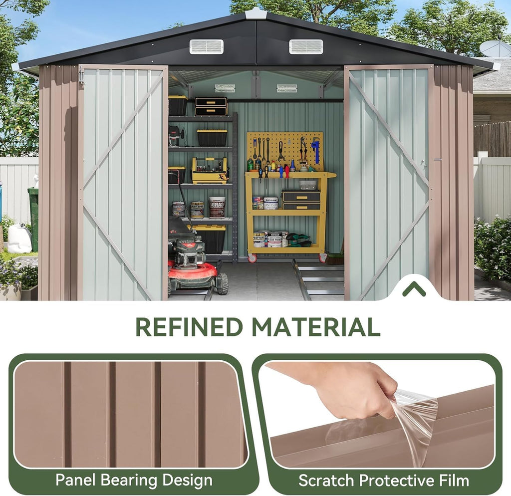 10x12 FT Galvanized Steel Outdoor Storage Shed with Base, Brown H816