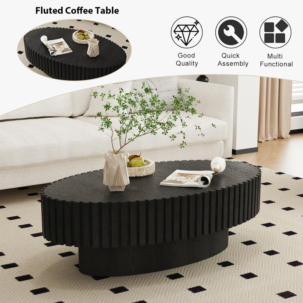 Black Oval Fluted Coffee Table Y2581