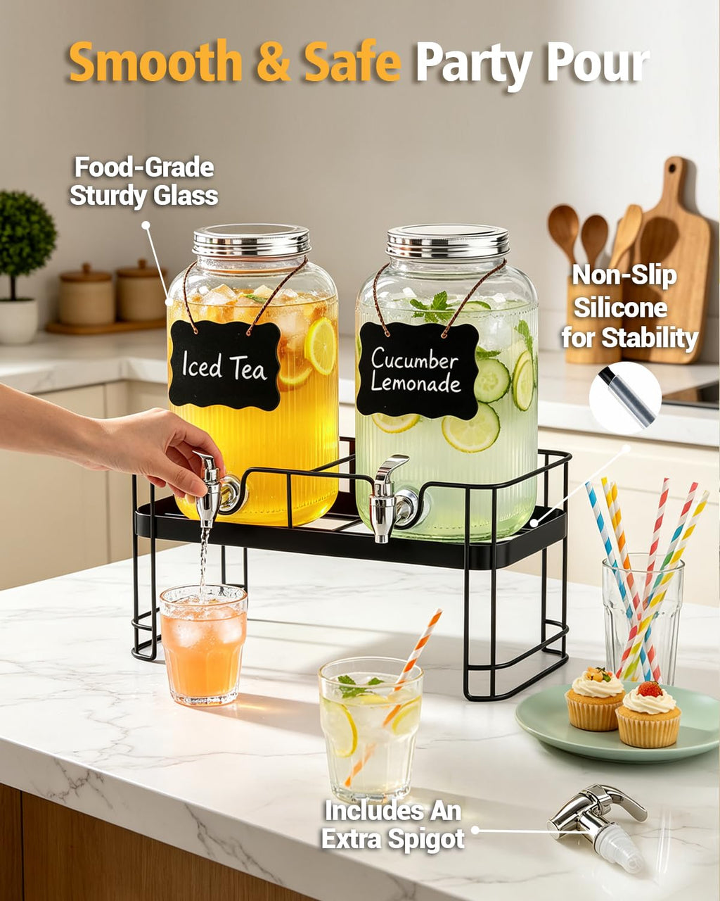 2 Pack 1 Gallon Glass Drink Dispensers with Stand U46529