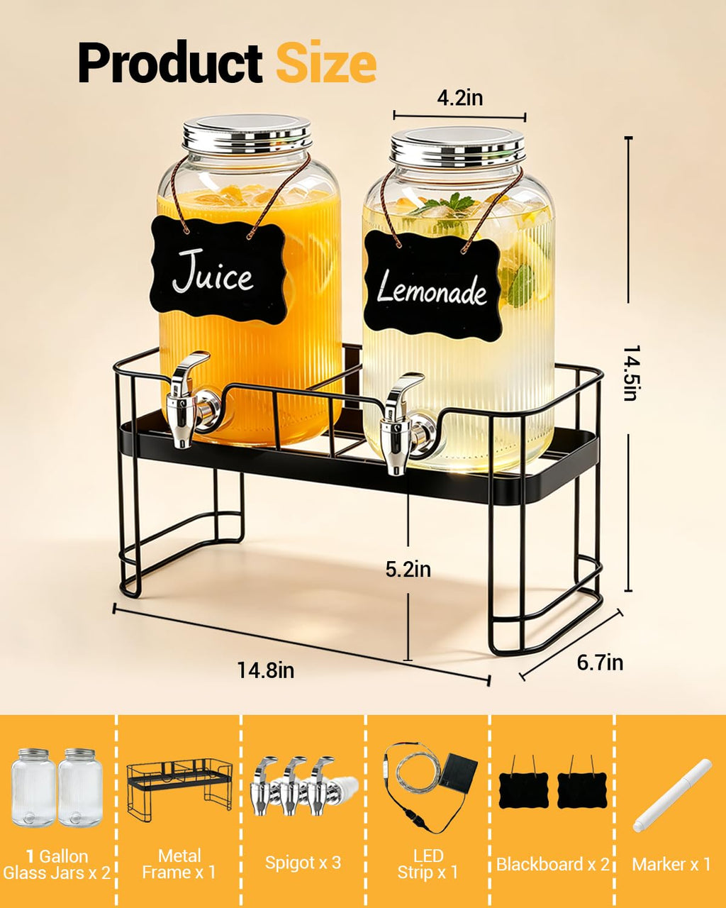 2 Pack 1 Gallon Glass Drink Dispensers with Stand U46529