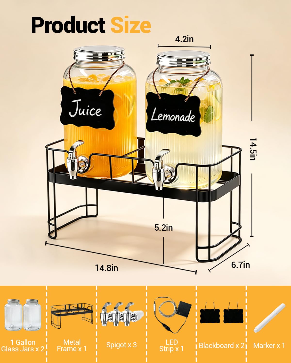 2 Pack 1 Gallon Glass Drink Dispensers with Stand U46529