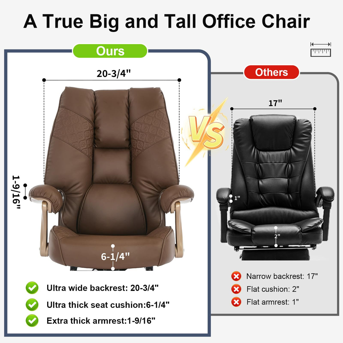 Big and Tall Ergonomic Office Chair with Footrest, 400LBS Capacity Brown PU Leather A900