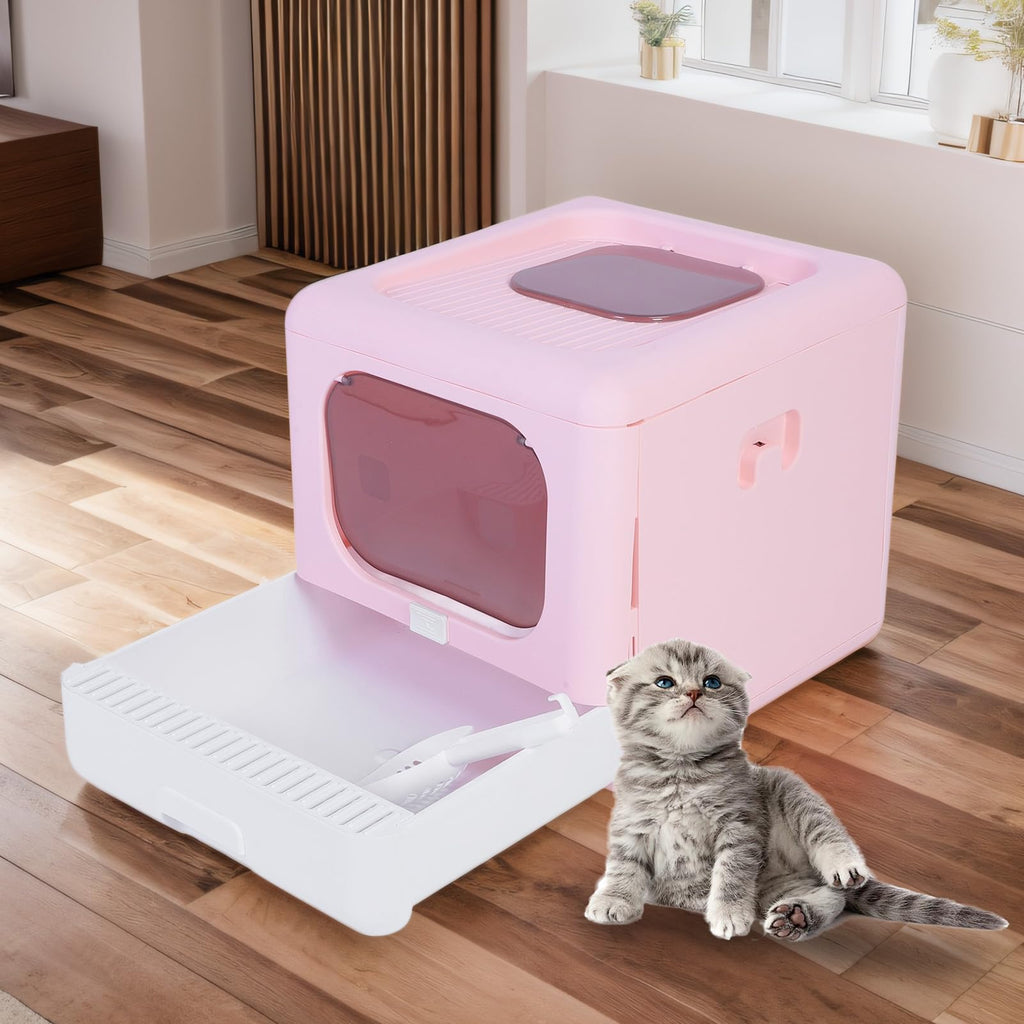 Foldable Top Entry Cat Litter Box with Lid and Scoop Large Size Pink C653320