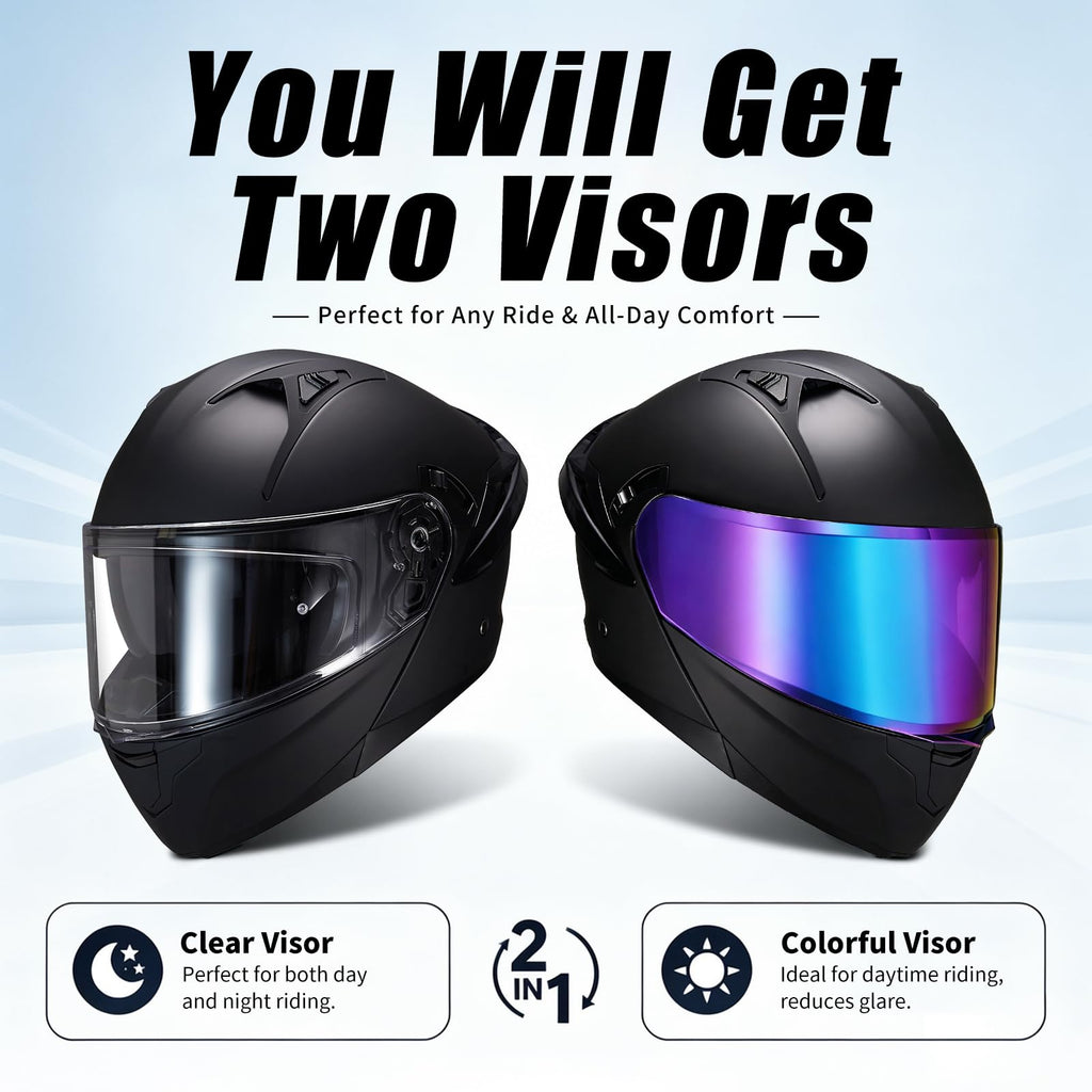 Modular Motorcycle Helmet Dual Visor Flip Up Full Face Matte Black XXL H9510