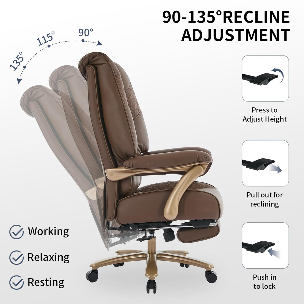 Big and Tall Ergonomic Office Chair with Footrest, 400LBS Capacity Brown PU Leather A900