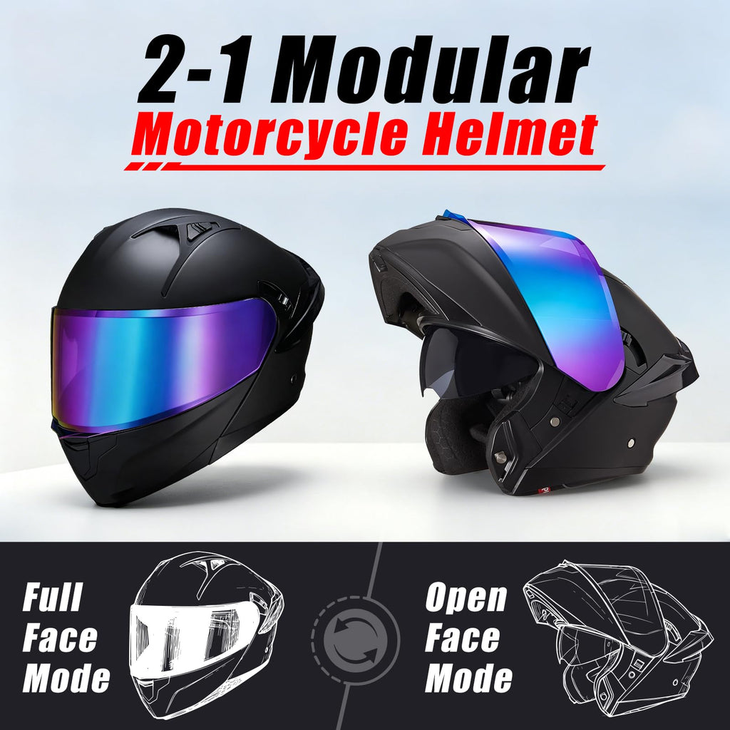 Modular Motorcycle Helmet Dual Visor Flip Up Full Face Matte Black XXL H9510