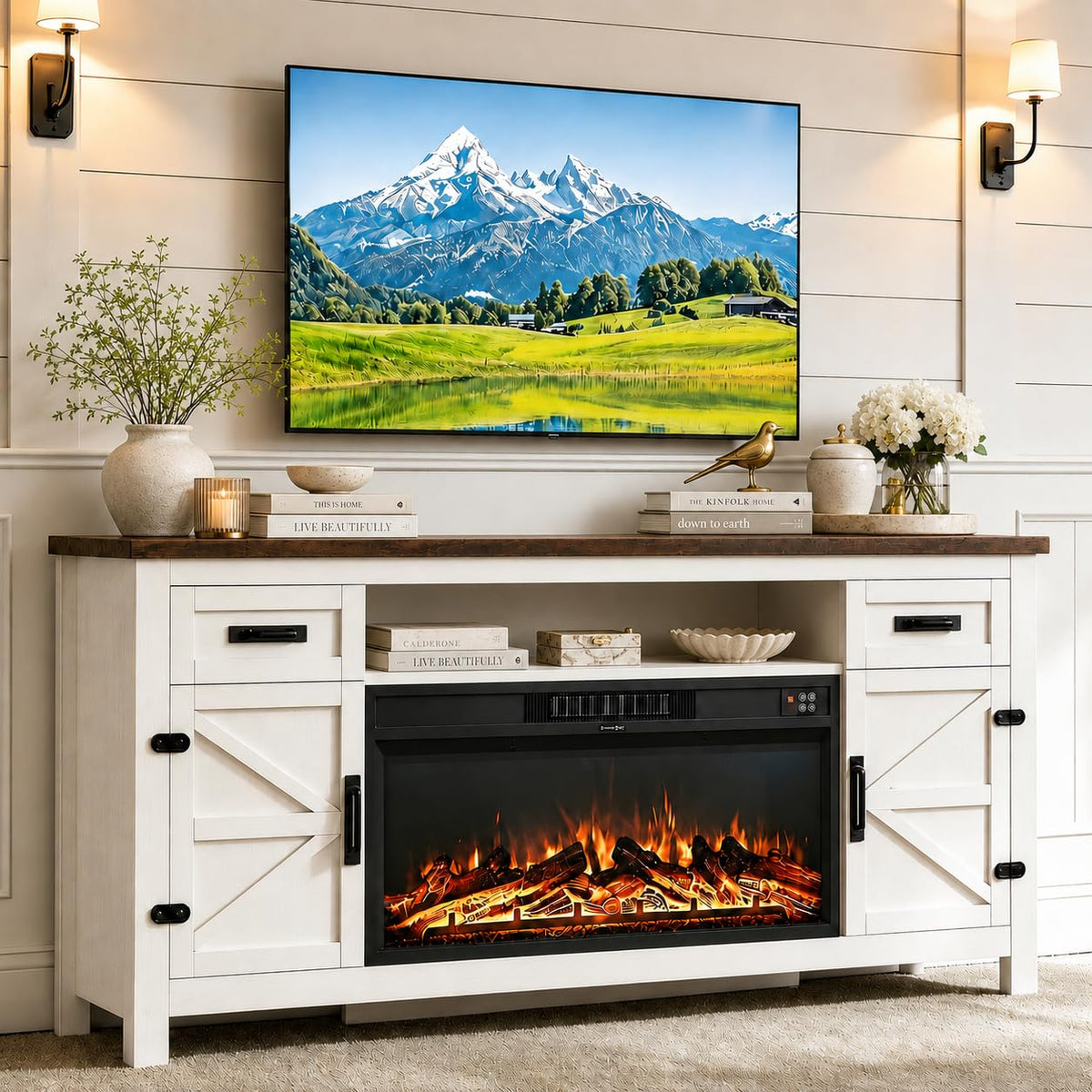 White 70 inch Fireplace TV Stand with Barn Door X3372