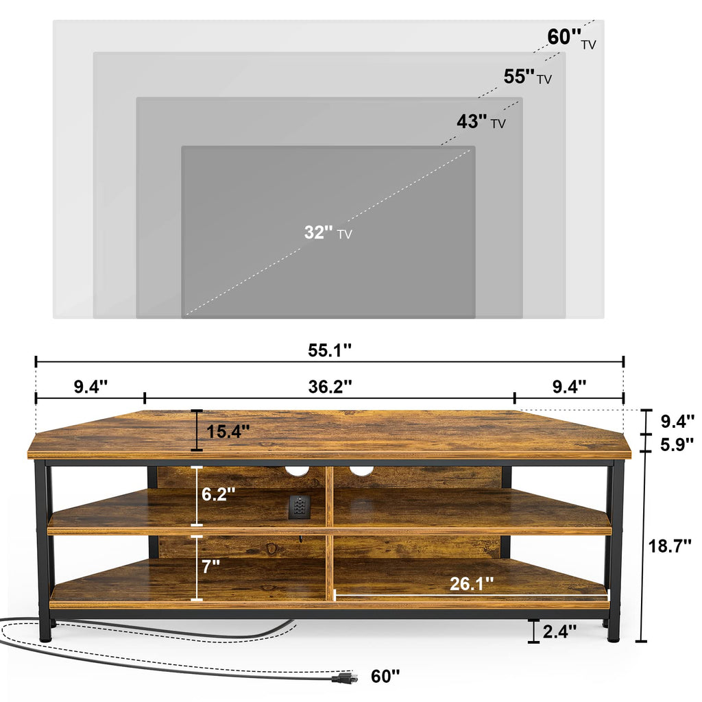 55'' Corner TV Stand with Power Outlet and 4 Open Storage Shelves D268