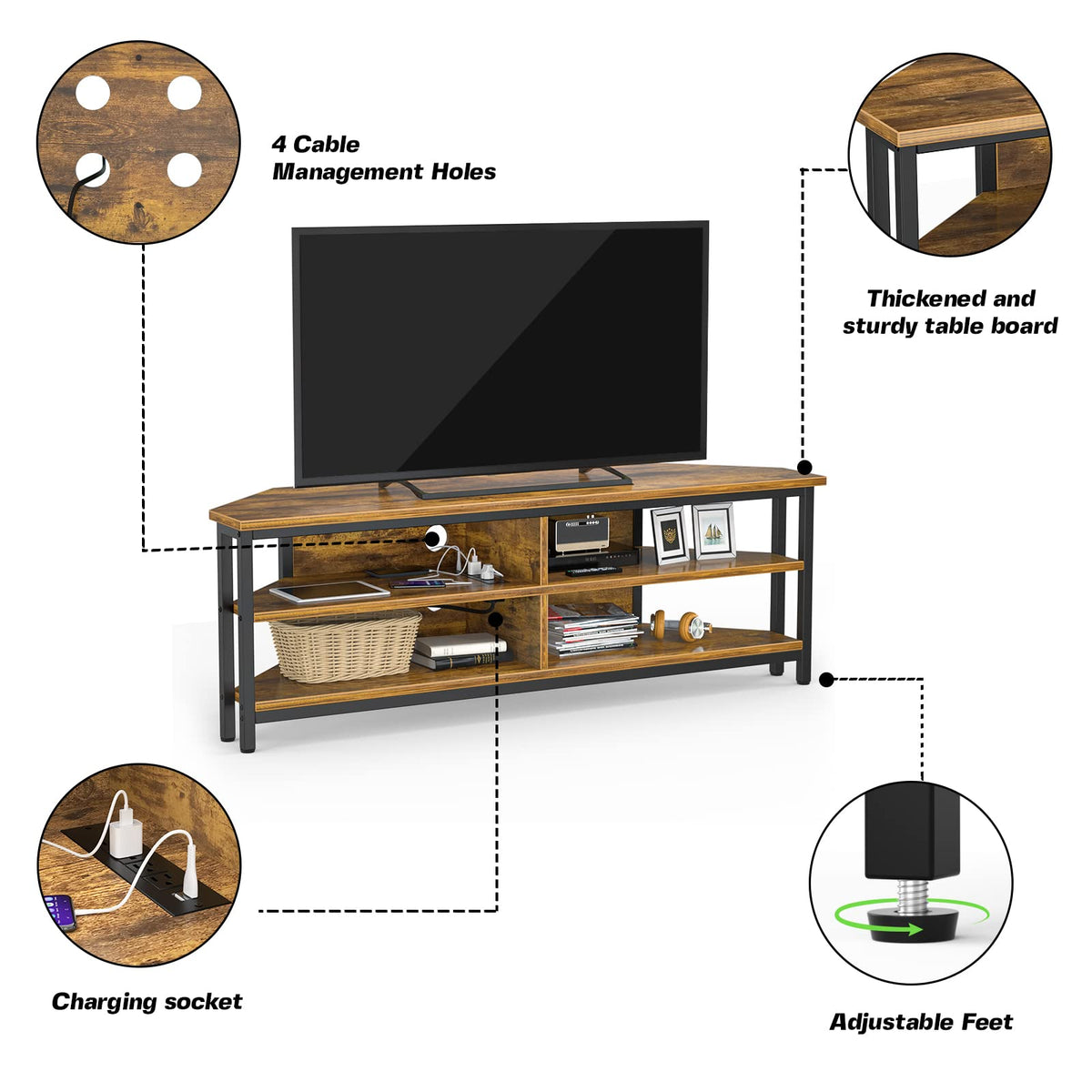 55'' Corner TV Stand with Power Outlet and 4 Open Storage Shelves D268