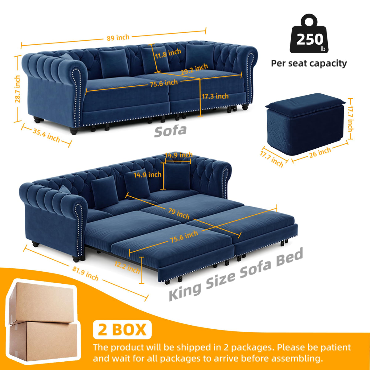 Blue Velvet King Size Sleeper Sofa P7081