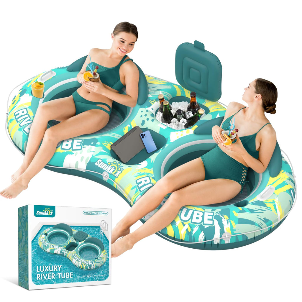 5-in-1 Pool Floats 2 Person River Tube with Backrests Built-in Cooler K29943