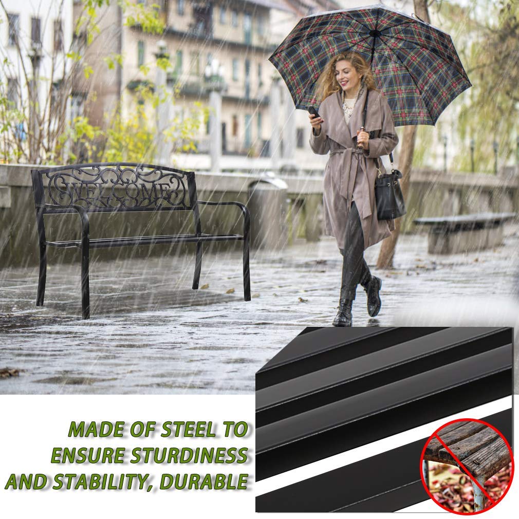 Black Metal Garden Patio Bench with Armrests O9892