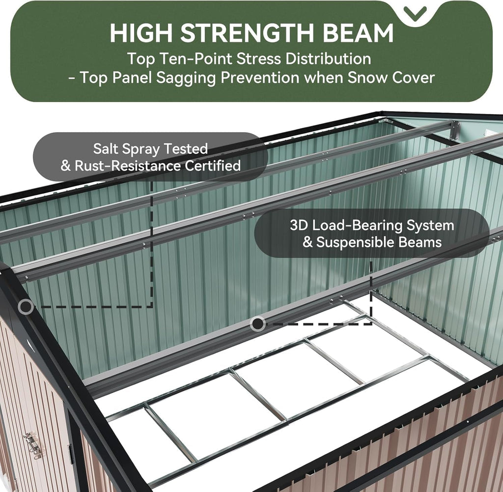 10x12 FT Galvanized Steel Outdoor Storage Shed with Base, Brown H816