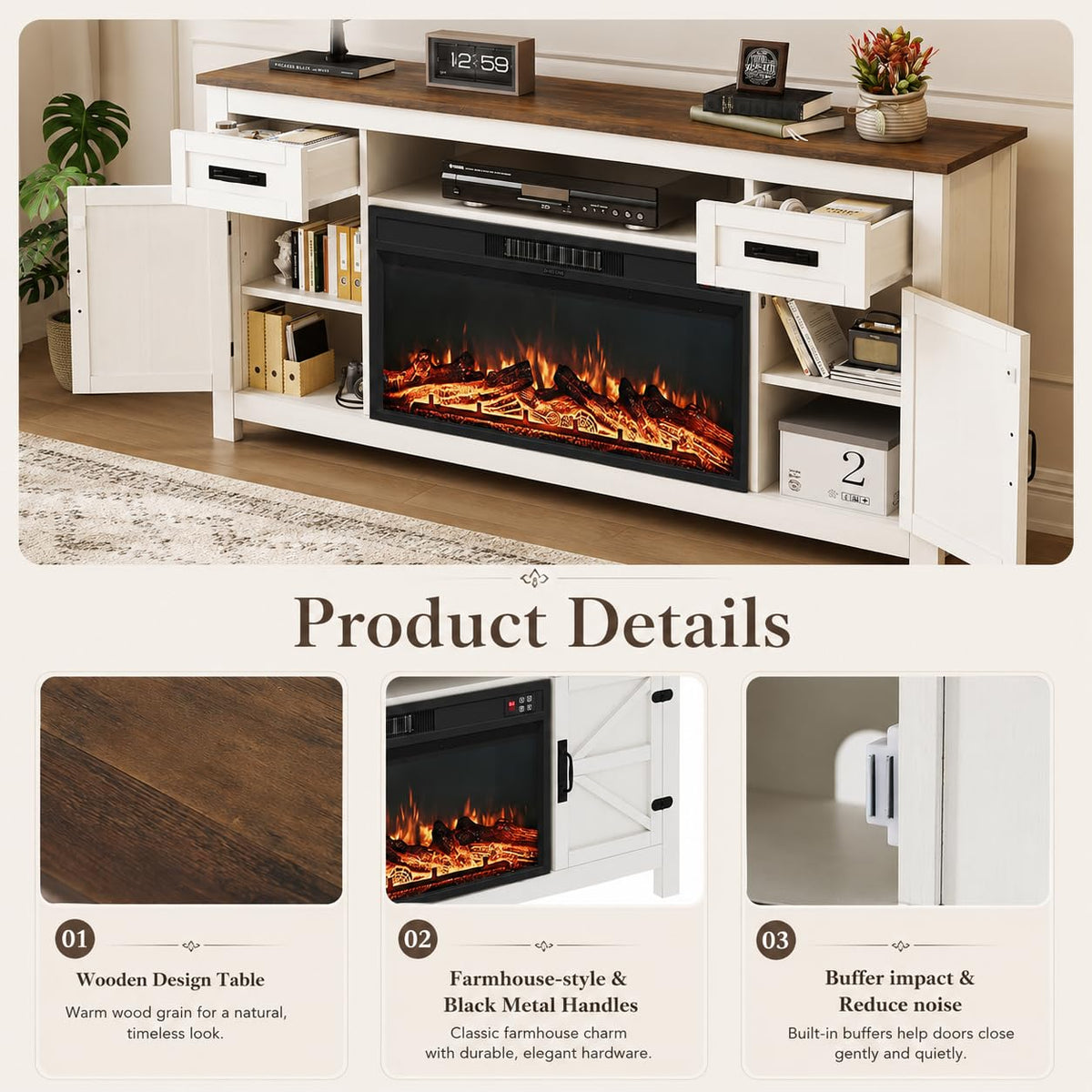 White 70 inch Fireplace TV Stand with Barn Door X3372