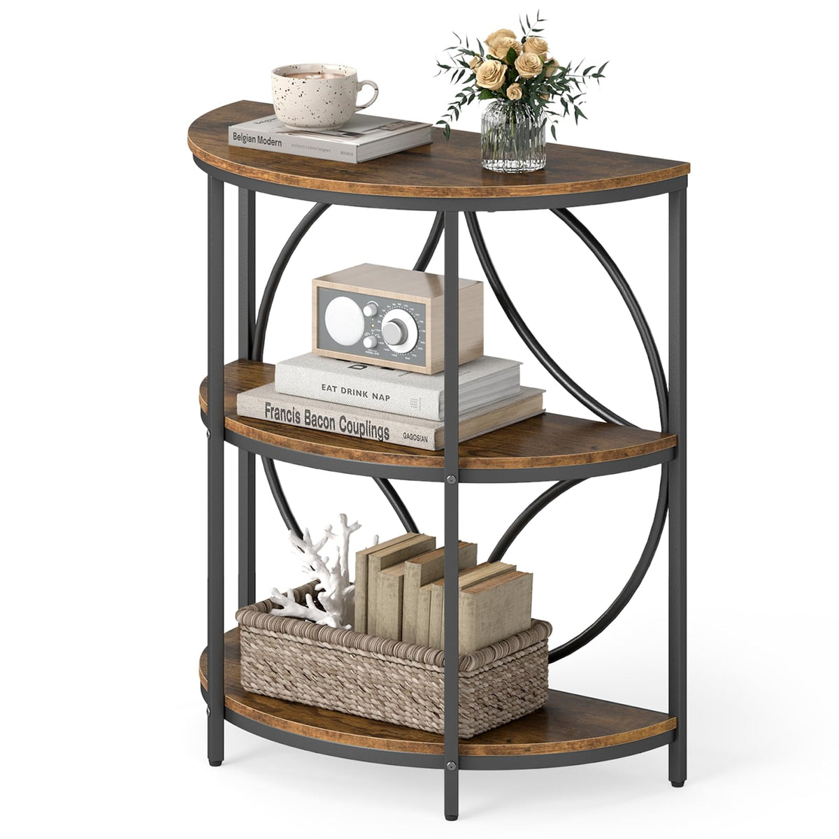 Half Round 3-Tier Sofa Side Table with Storage Shelves N3370