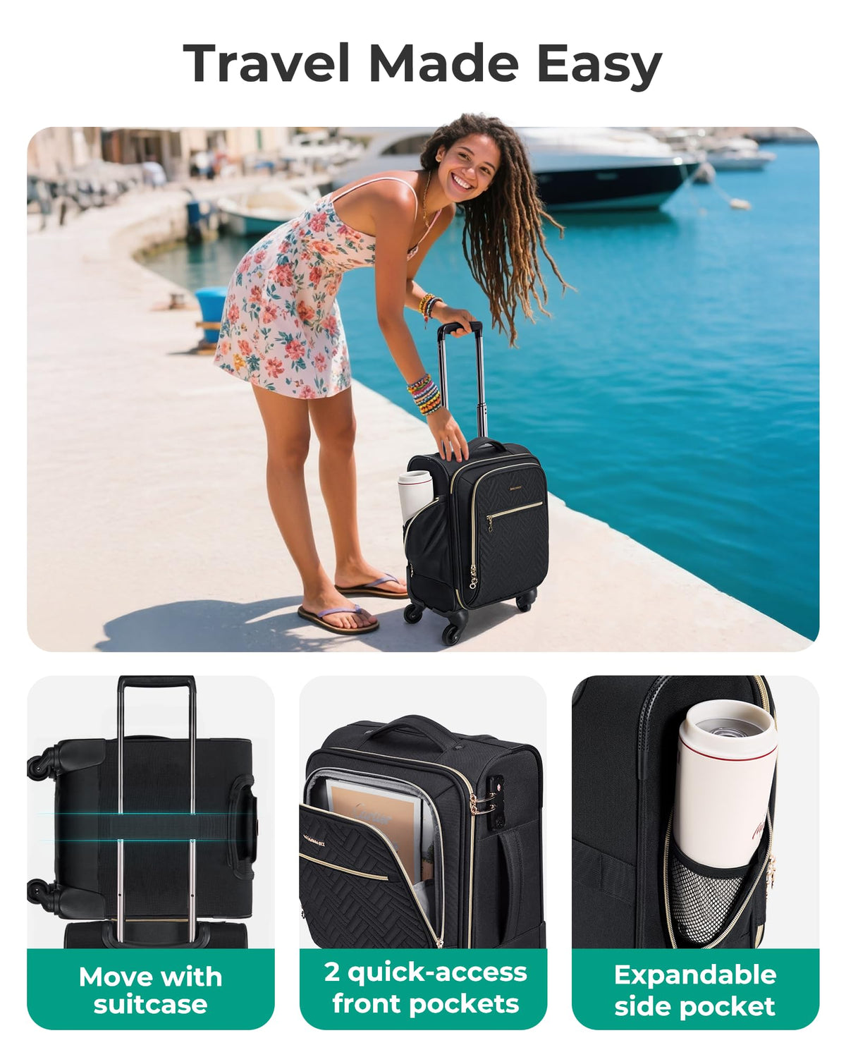 16-inch Softside Underseater Carry On Luggage with Spinner Wheels Black D691493