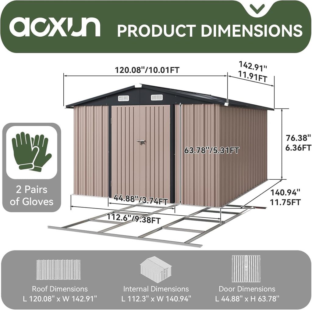 10x12 FT Galvanized Steel Outdoor Storage Shed with Base, Brown H816