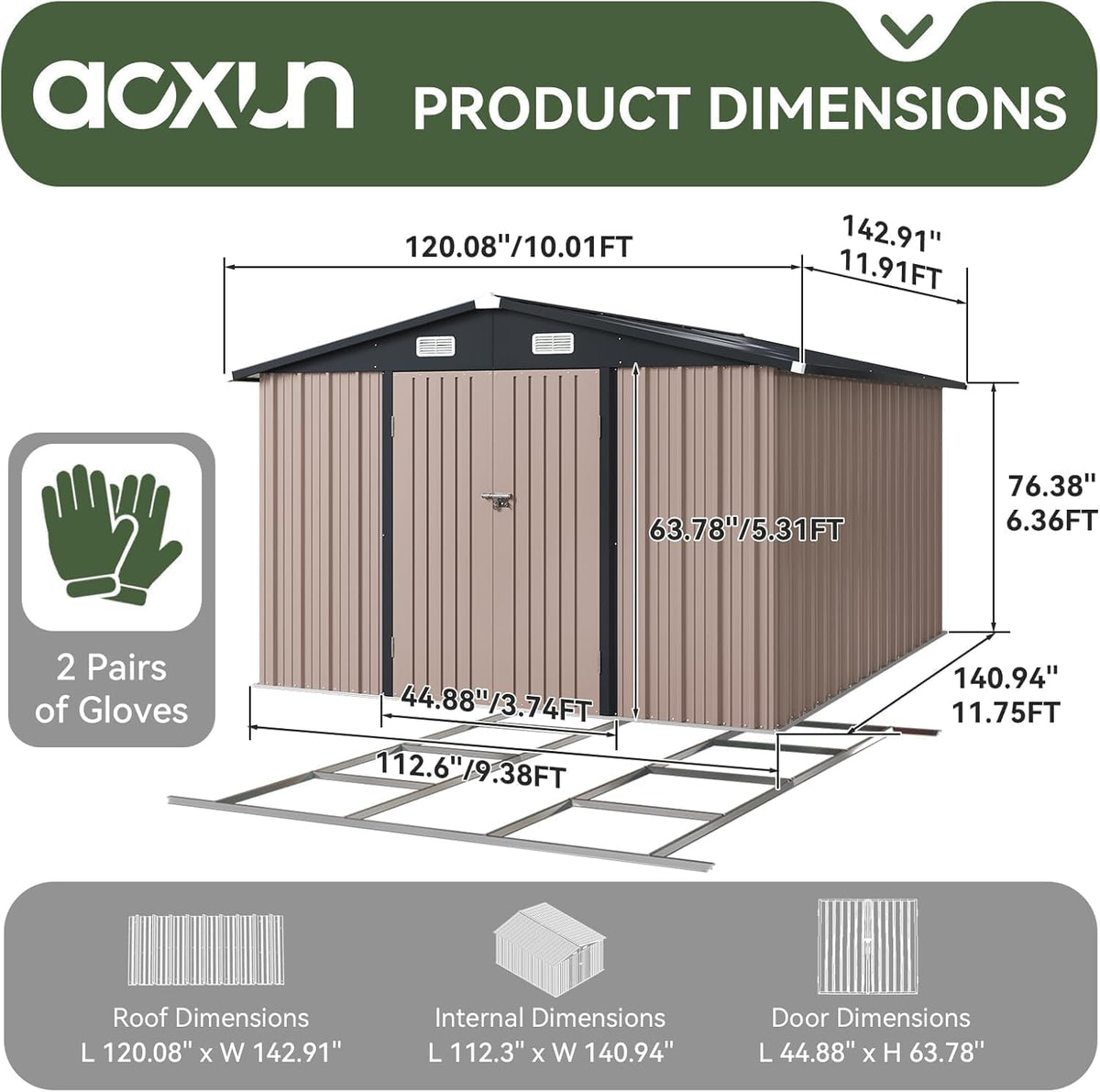 10x12 FT Galvanized Steel Outdoor Storage Shed with Base, Brown H816