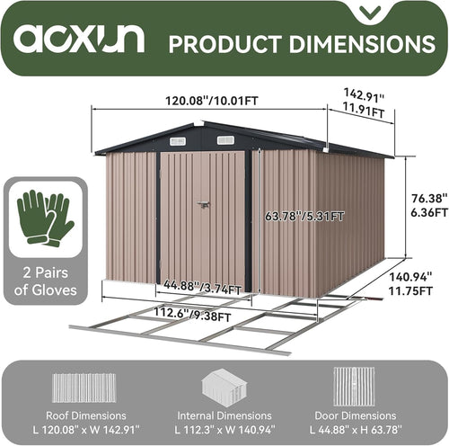 10x12 FT Galvanized Steel Outdoor Storage Shed with Base, Brown H816
