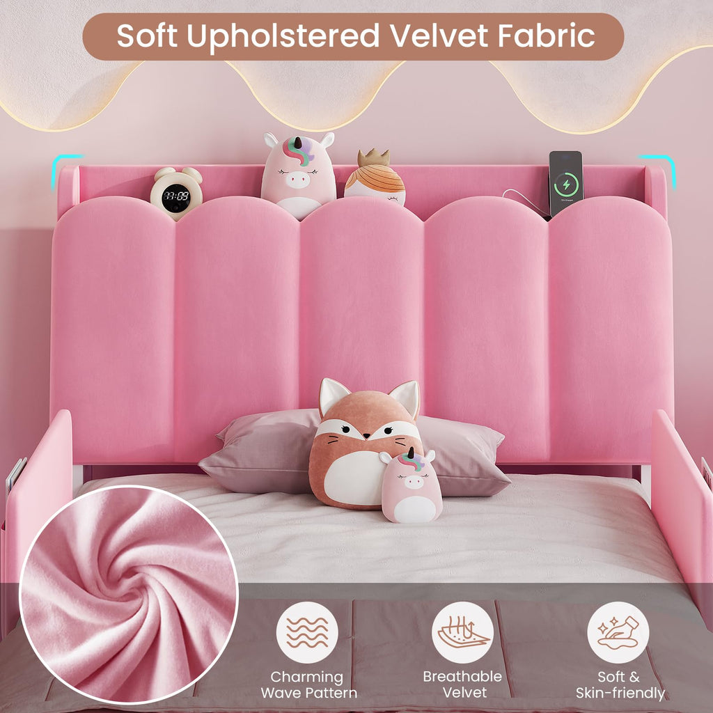 Pink Velvet Upholstered Twin Size Platform Bed with Storage Drawer R4153