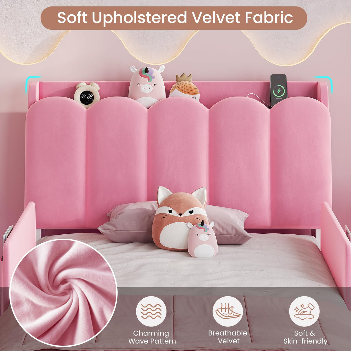 Pink Velvet Upholstered Twin Size Platform Bed with Storage Drawer R4153