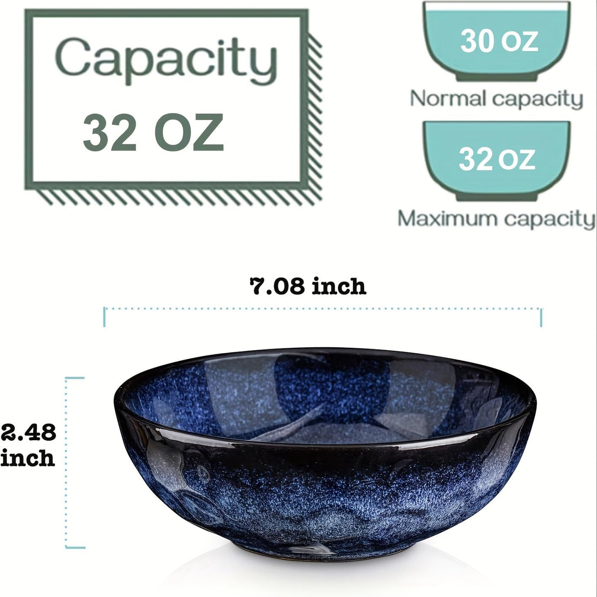 Ceramic Salad Bowls Set, 32 Ounce, Set of 4, Blue X36192