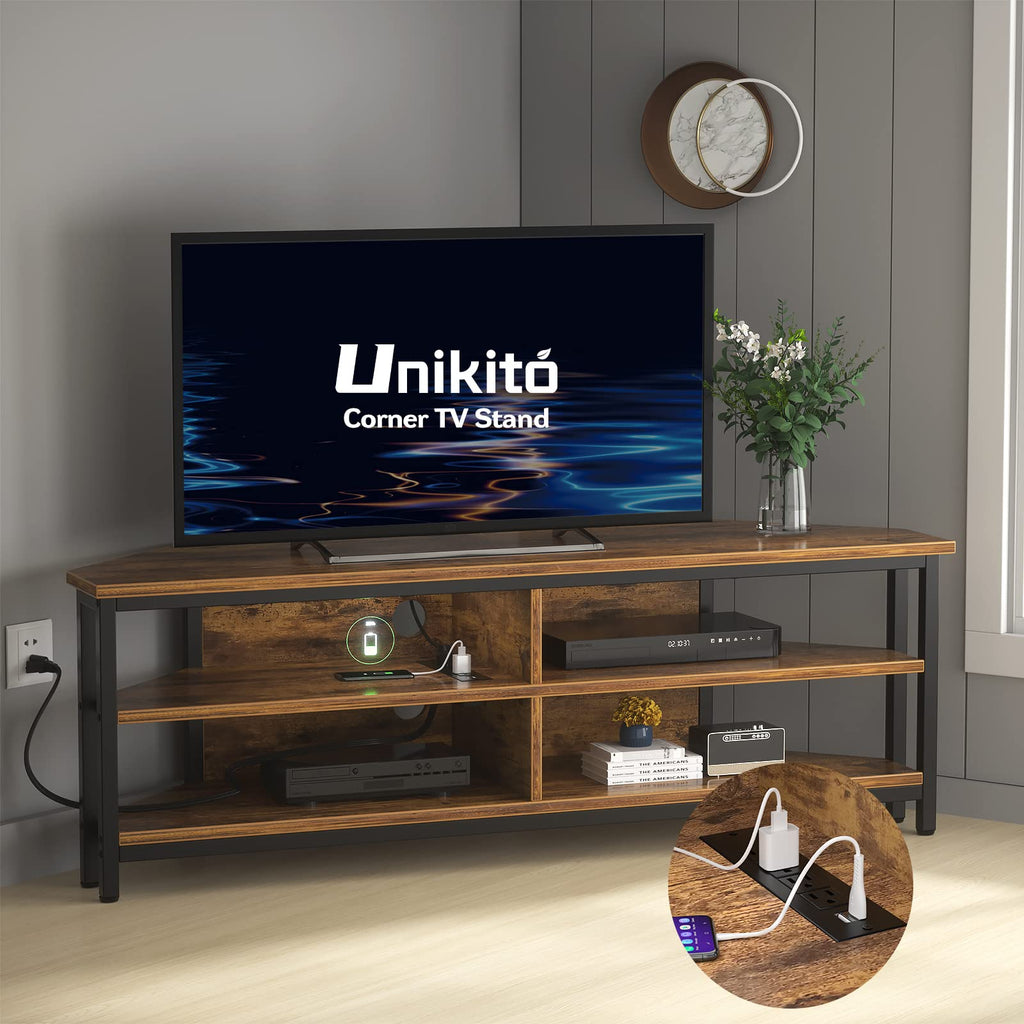 55'' Corner TV Stand with Power Outlet and 4 Open Storage Shelves D268