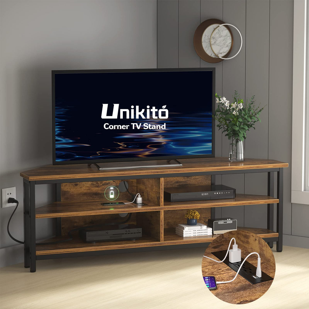 55'' Corner TV Stand with Power Outlet and 4 Open Storage Shelves D268